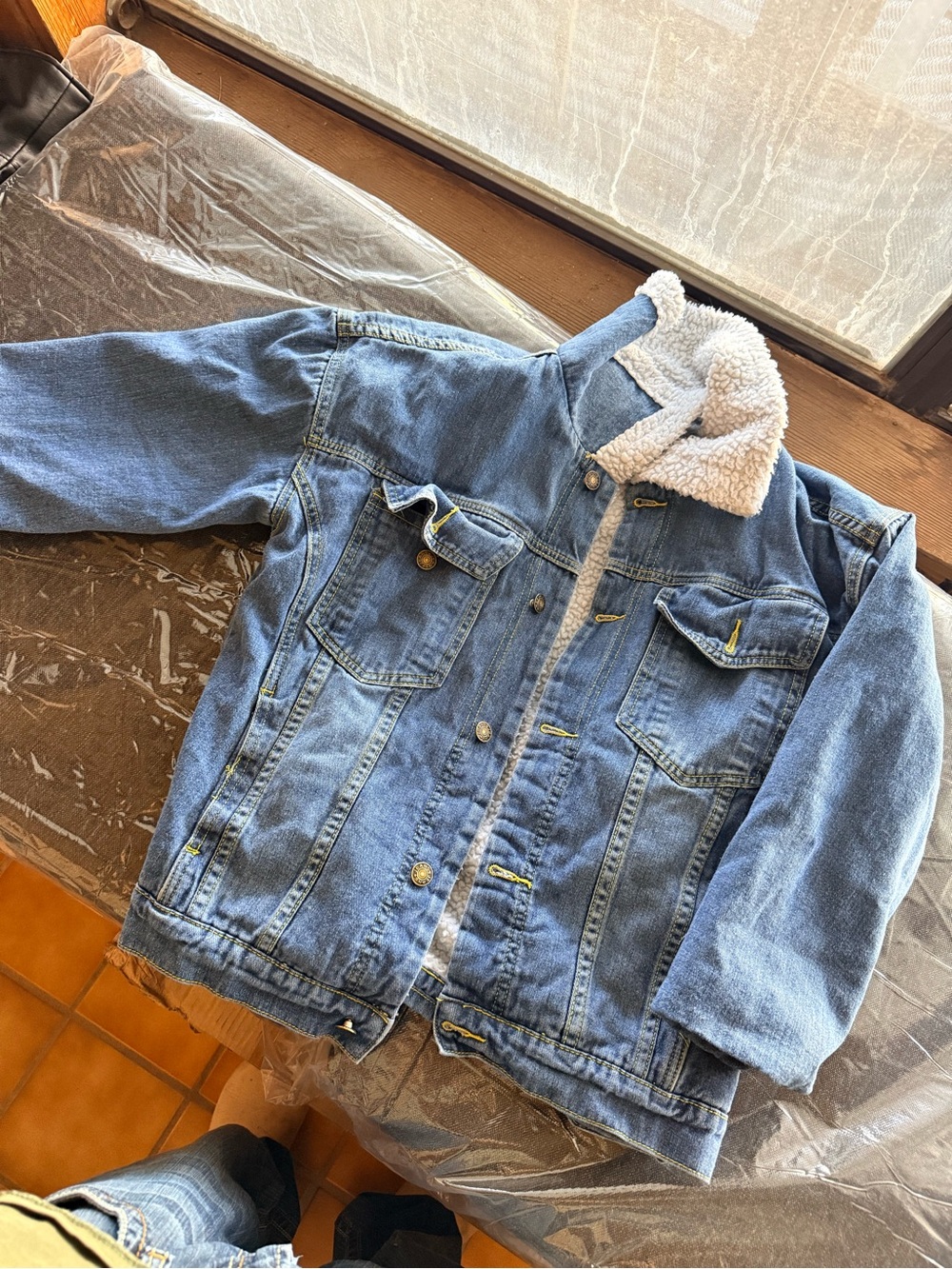 Zaful Light Blue Denim Jacket with White Sherpa Collar